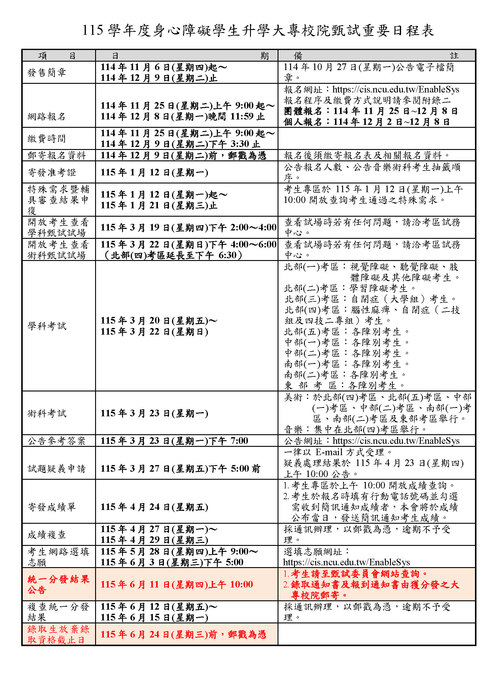 115學年度身心障礙學生甄試入學重要日程表圖片